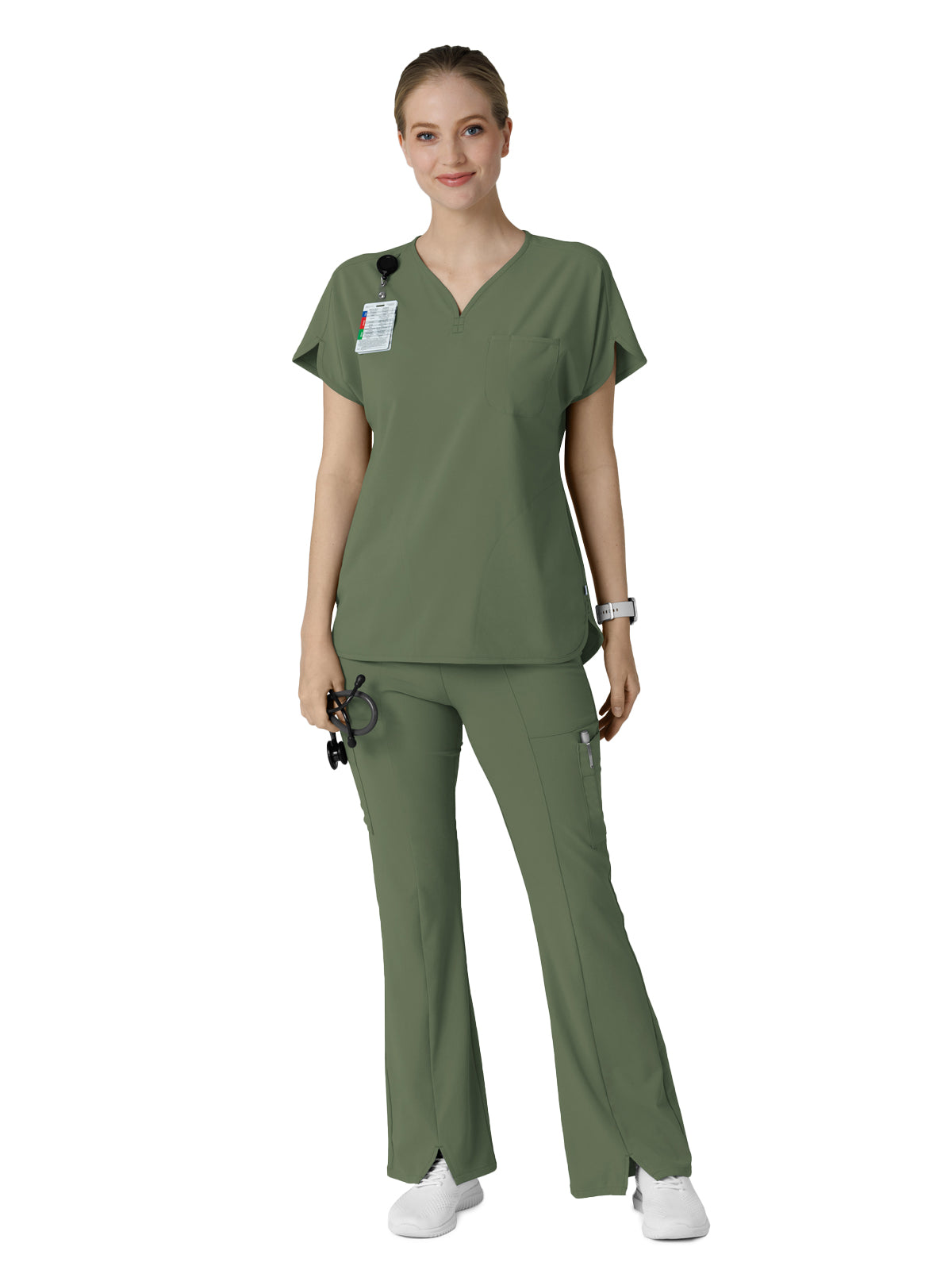 Women's Three-Pocket Y-Neck Dolman Scrub Top