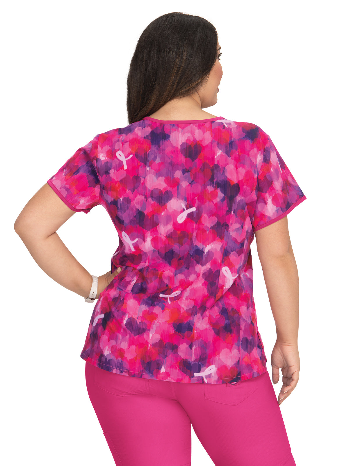 Women's 2-Pocket Henley Neck BCRF Print Eve Scrub Top