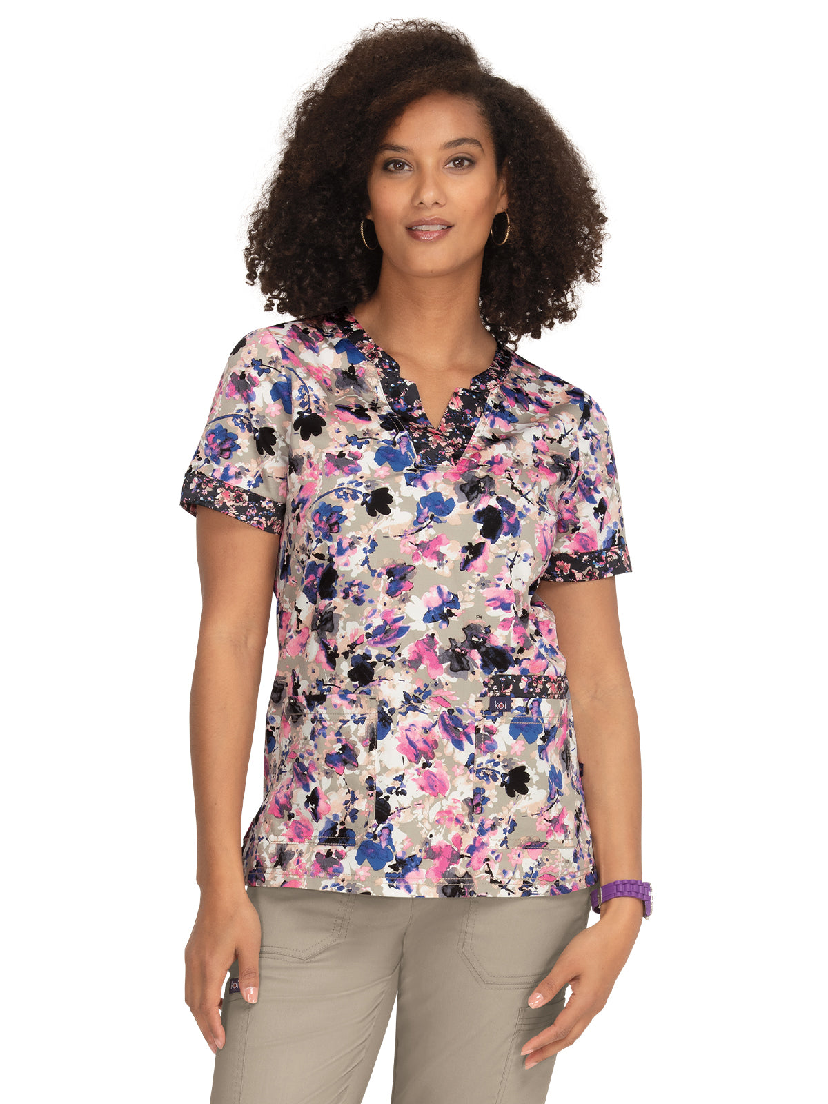 Women's 3-Pocket Split-Neck Print Elena Scrub Top