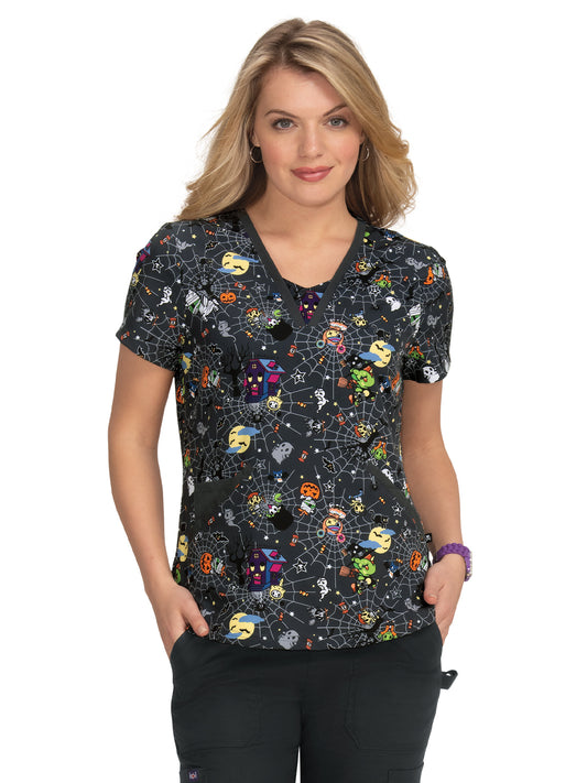 Women's 3-Pocket Double V-Neck Print Scrub Top