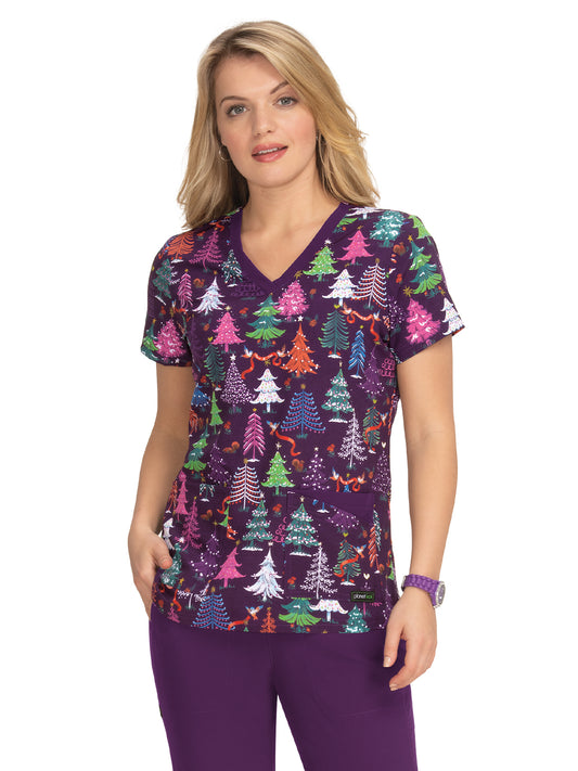 Women's 2-Pocket Contrast V-Neck Print Isla Scrub Top