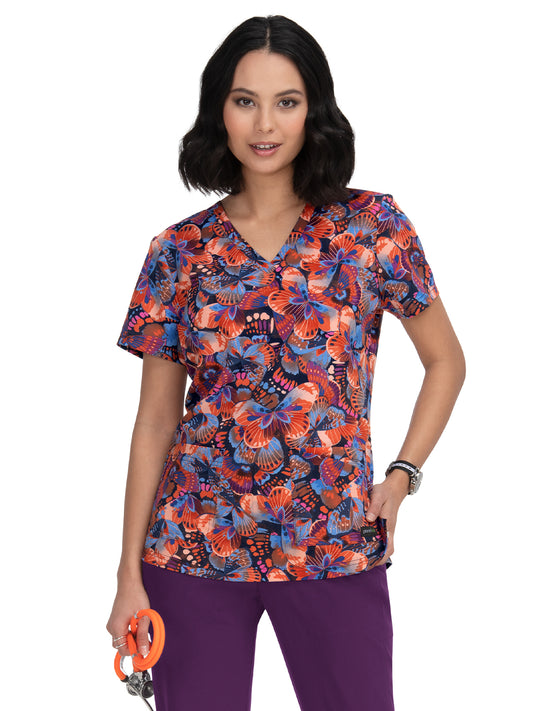 Women's 2-Pocket Contrast V-Neck Print Isla Scrub Top