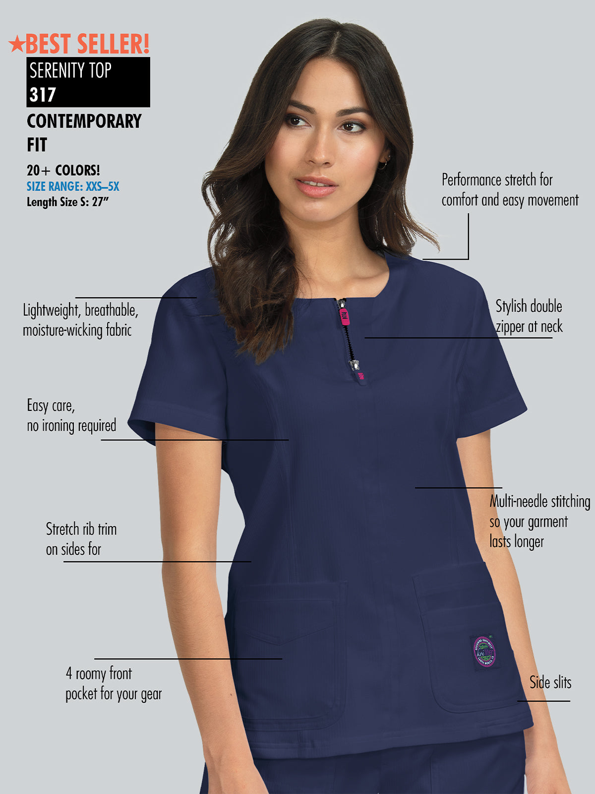 Women's 4-Pocket Zipper Neck Serenity Scrub Top