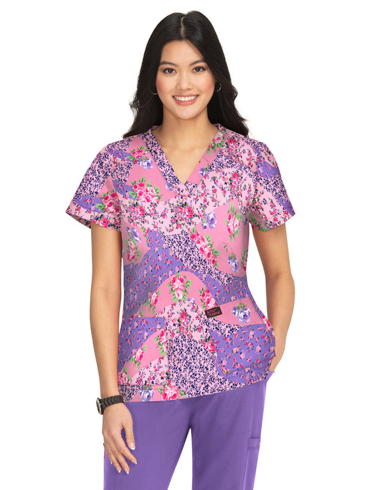 Women's 2-Pocket Print V-Neck Bell Scrub Top