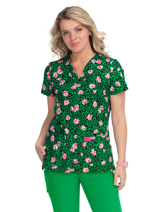 Women's 2-Pocket Print V-Neck Bell Scrub Top