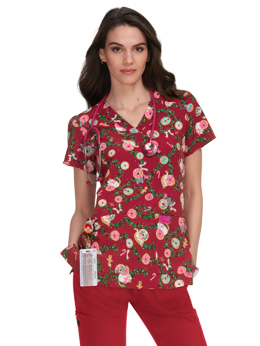 Women's 2-Pocket Print V-Neck Bell Scrub Top