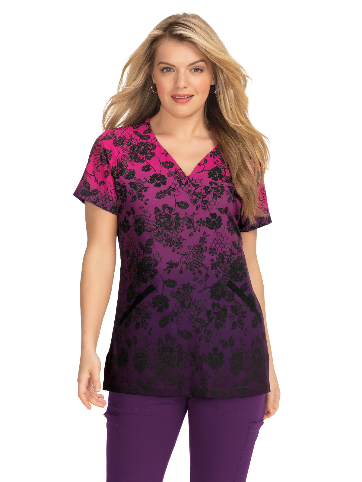 Women's 2-Pocket Stretch Heart-Shaped Neck Print Ursinia Scrub Top