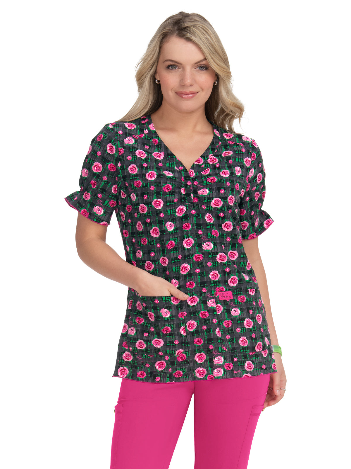 Women's 2-Pocket Heart-Shaped Neck Print Canola Scrub Top