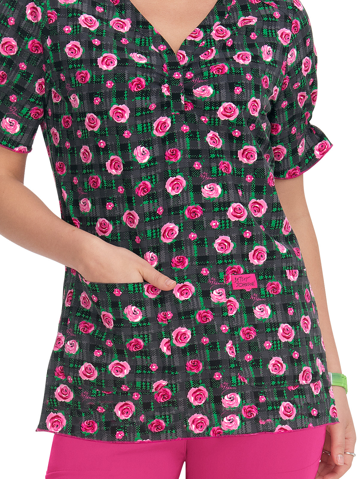 Women's 2-Pocket Heart-Shaped Neck Print Canola Scrub Top