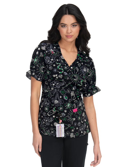 Women's 2-Pocket Heart-Shaped Neck Print Canola Scrub Top