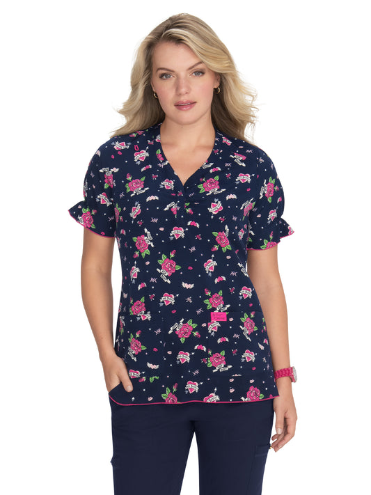 Women's 2-Pocket Heart-Shaped Neck Print Canola Scrub Top