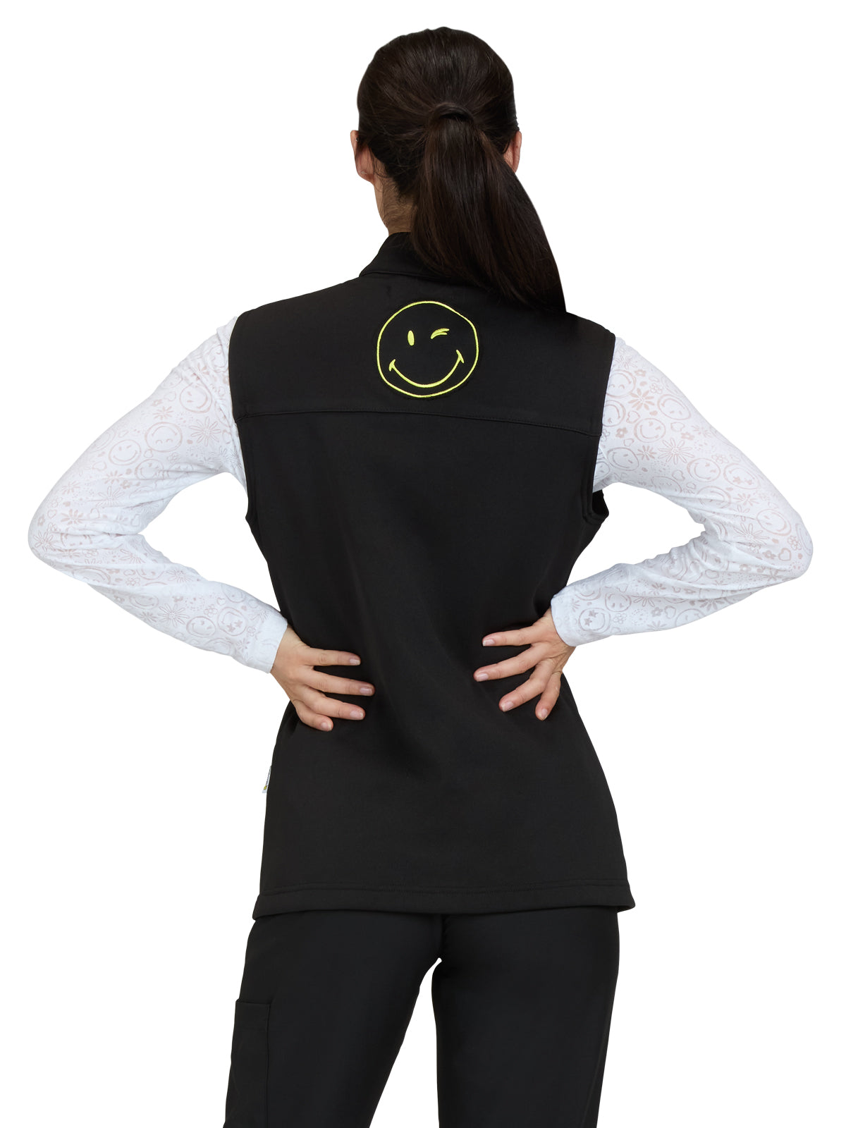 Women's 2-Pocket Embroidered Smiley Face Fleece Amused Vest