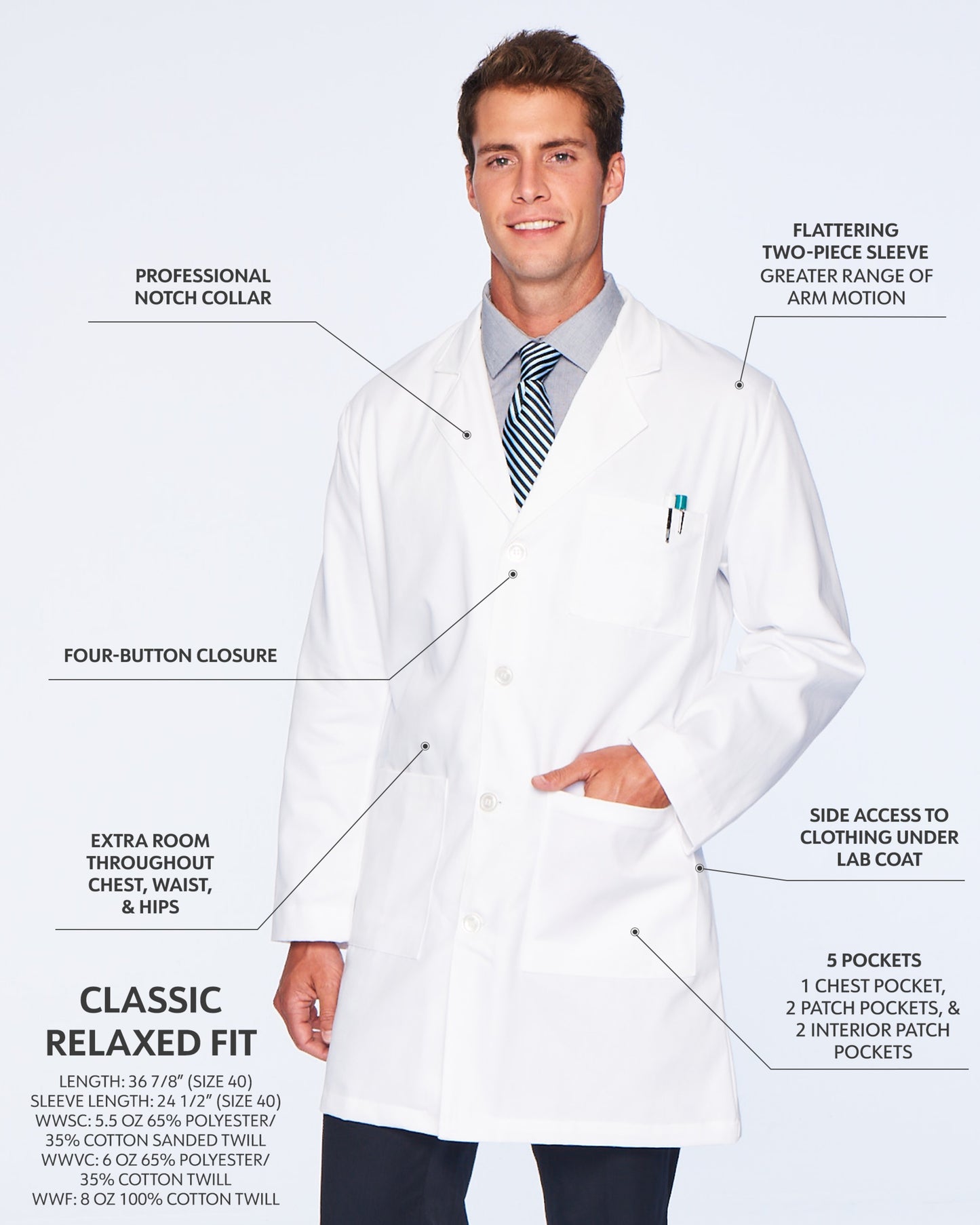 Men's Five-Pocket 100% Cotton 37" Full-Length Lab Coat