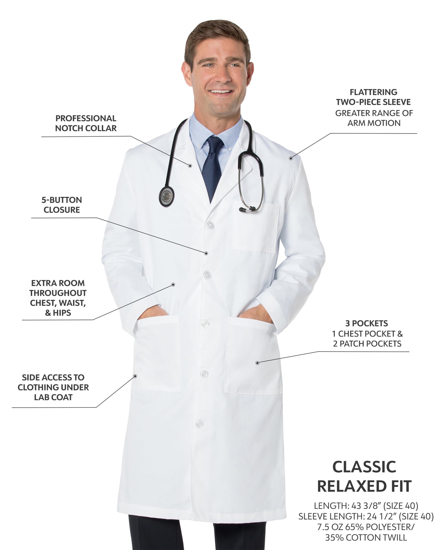 Men's Three-Pocket 43.5" Full-Length Lab Coat