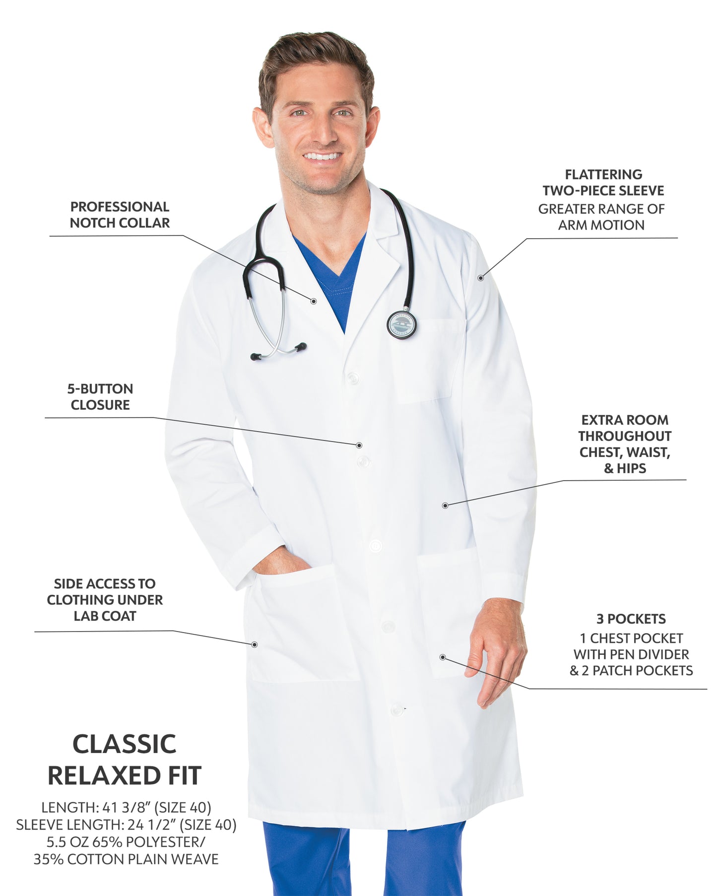 Men's Three-Pocket 41.5" Full-Length Lab Coat