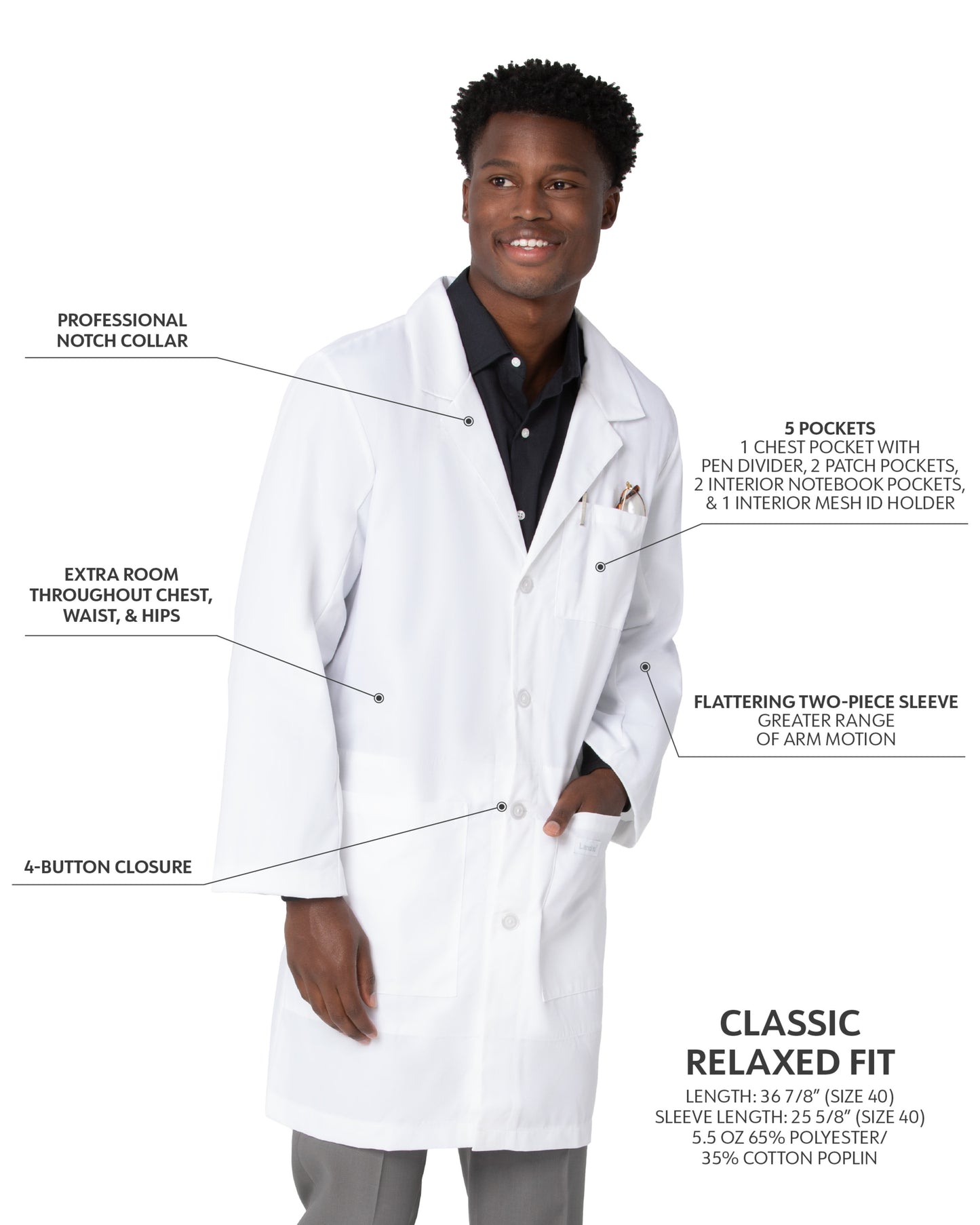 Men's Five-Pocket 37" Mid-Length Tablet Lab Coat