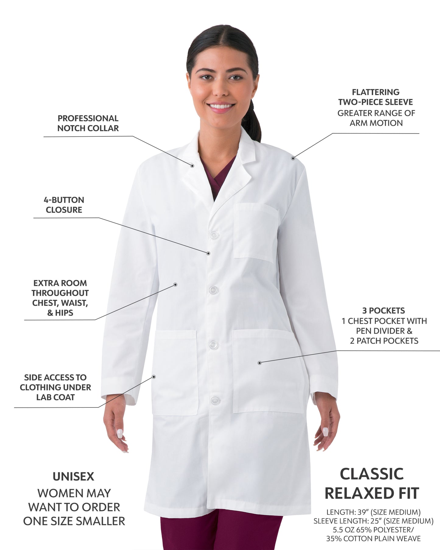 Unisex Three-Pocket 39" Full-Length Lab Coat