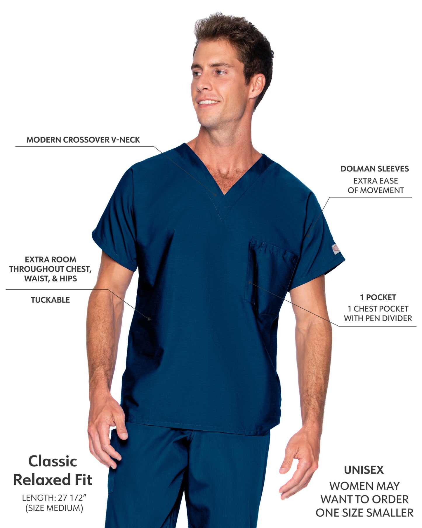 Unisex 1-Pocket Dolman Sleeve Tuckable V-Neck Scrub Top