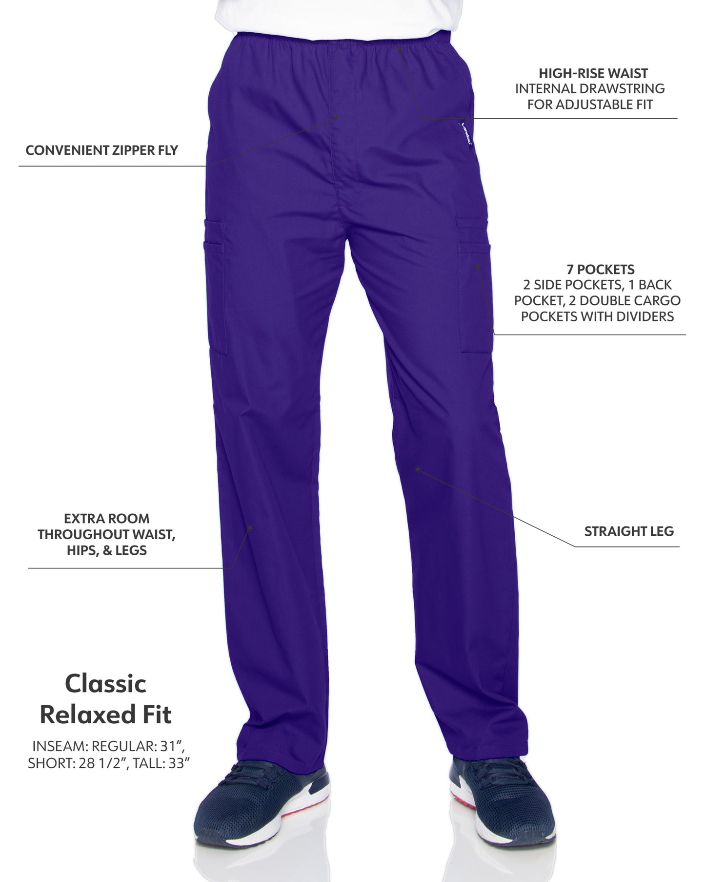 Men's 7-Pocket High-Rise Elastic Waist Cargo Scrub Pant