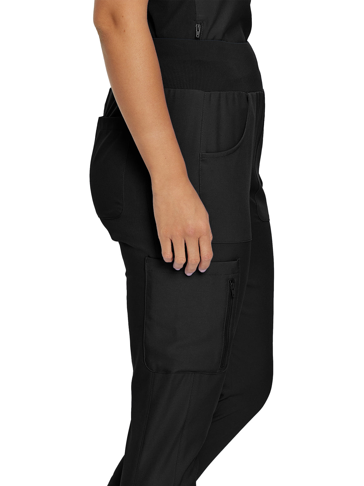 Women's 7-Pocket Mid-Rise Rib-Knit Elastic Waist Cargo Scrub Pant