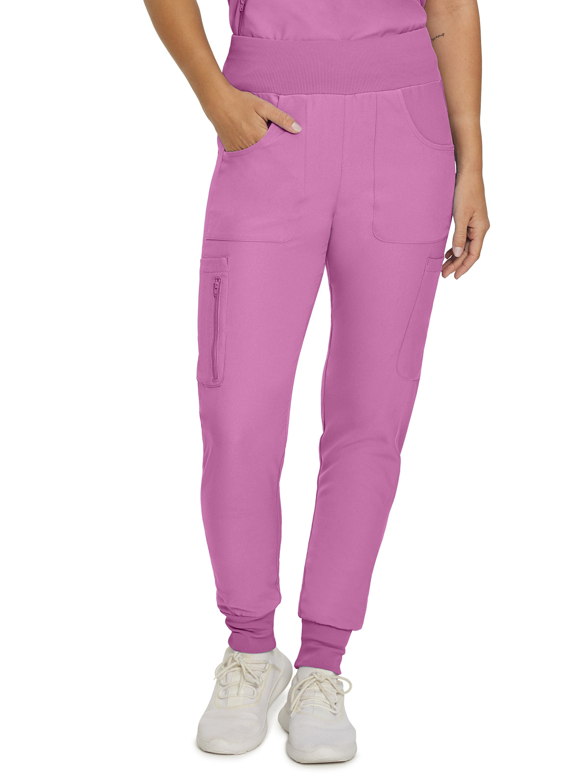 Women's 7-Pocket Mid-Rise Rib-Knit Elastic Waist Cargo Scrub Pant