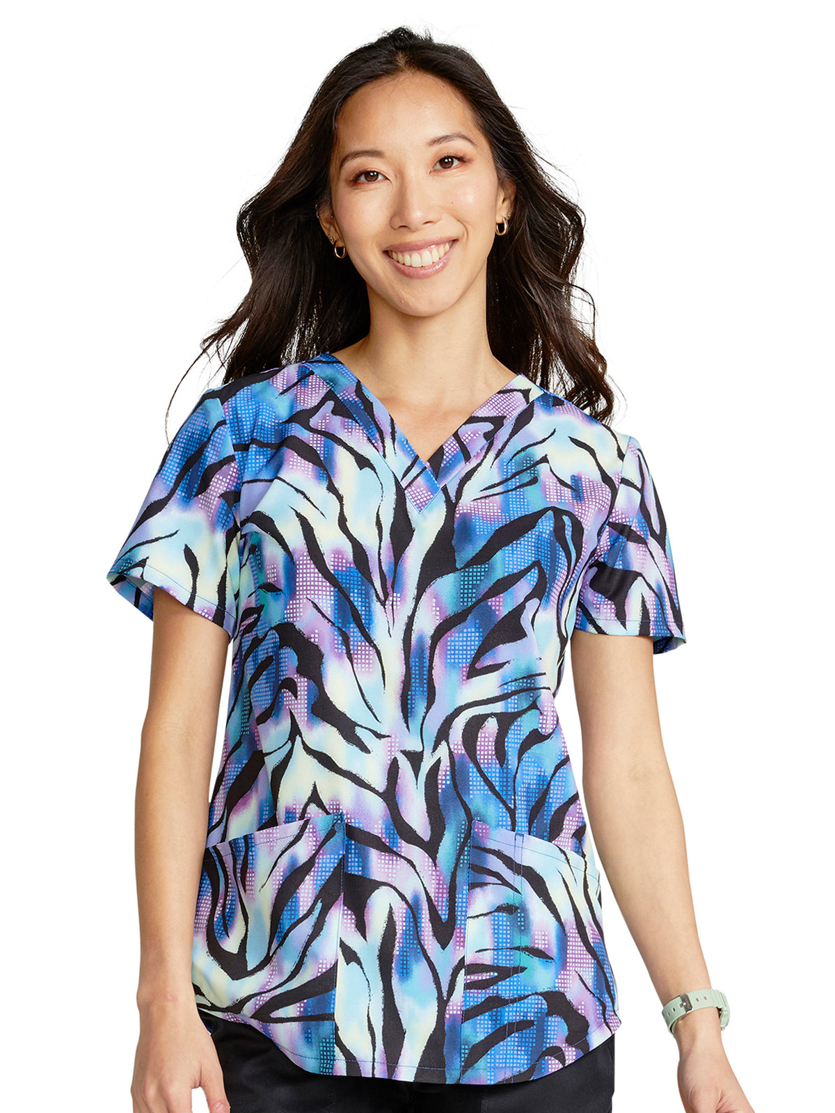 Women's 2-Pocket V-Neck Print Top