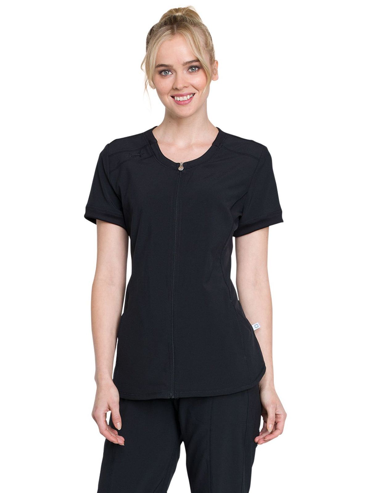 Women's Mixed Media Zip Front V-Neck Top