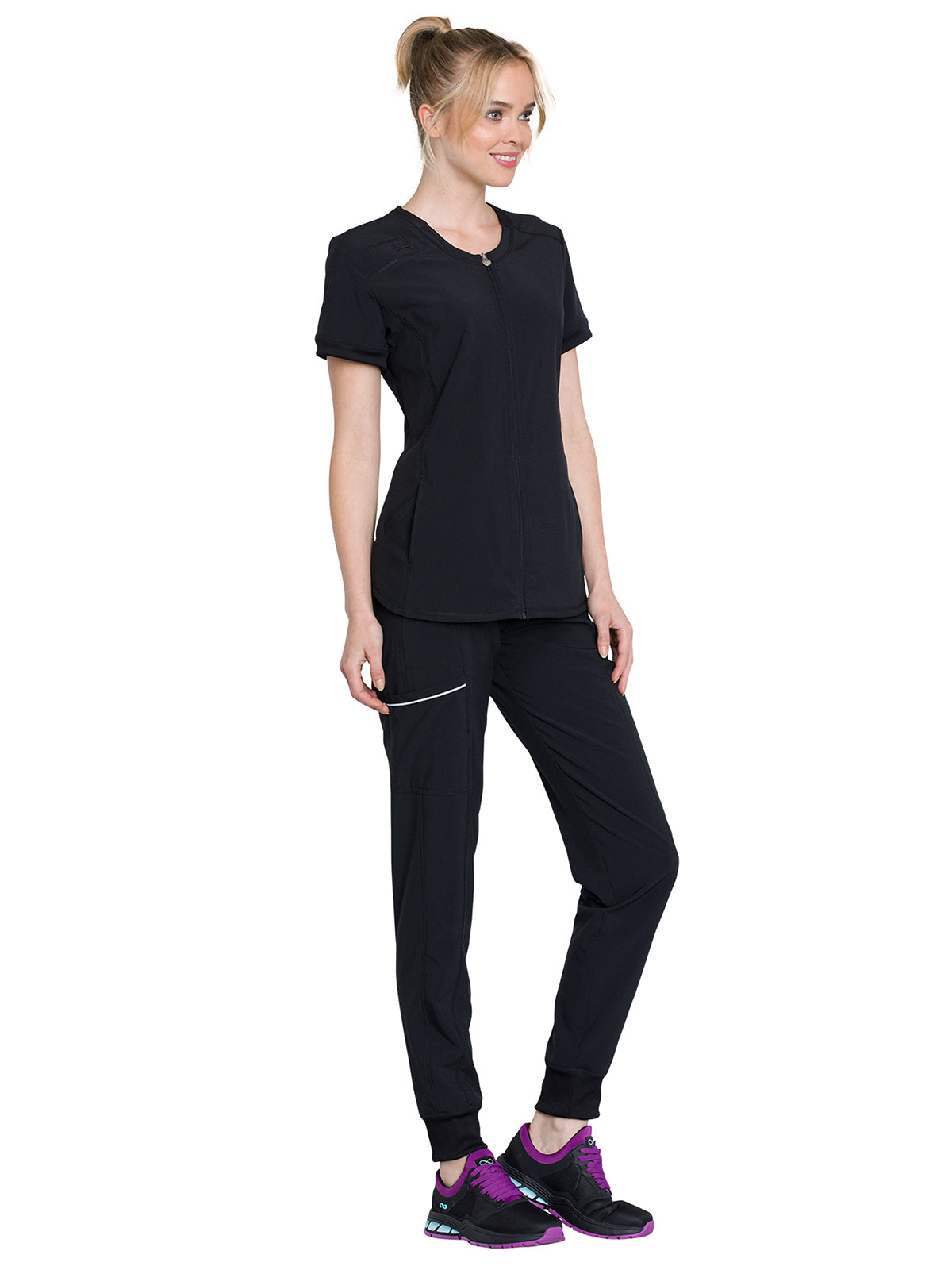 Women's Mixed Media Zip Front V-Neck Top