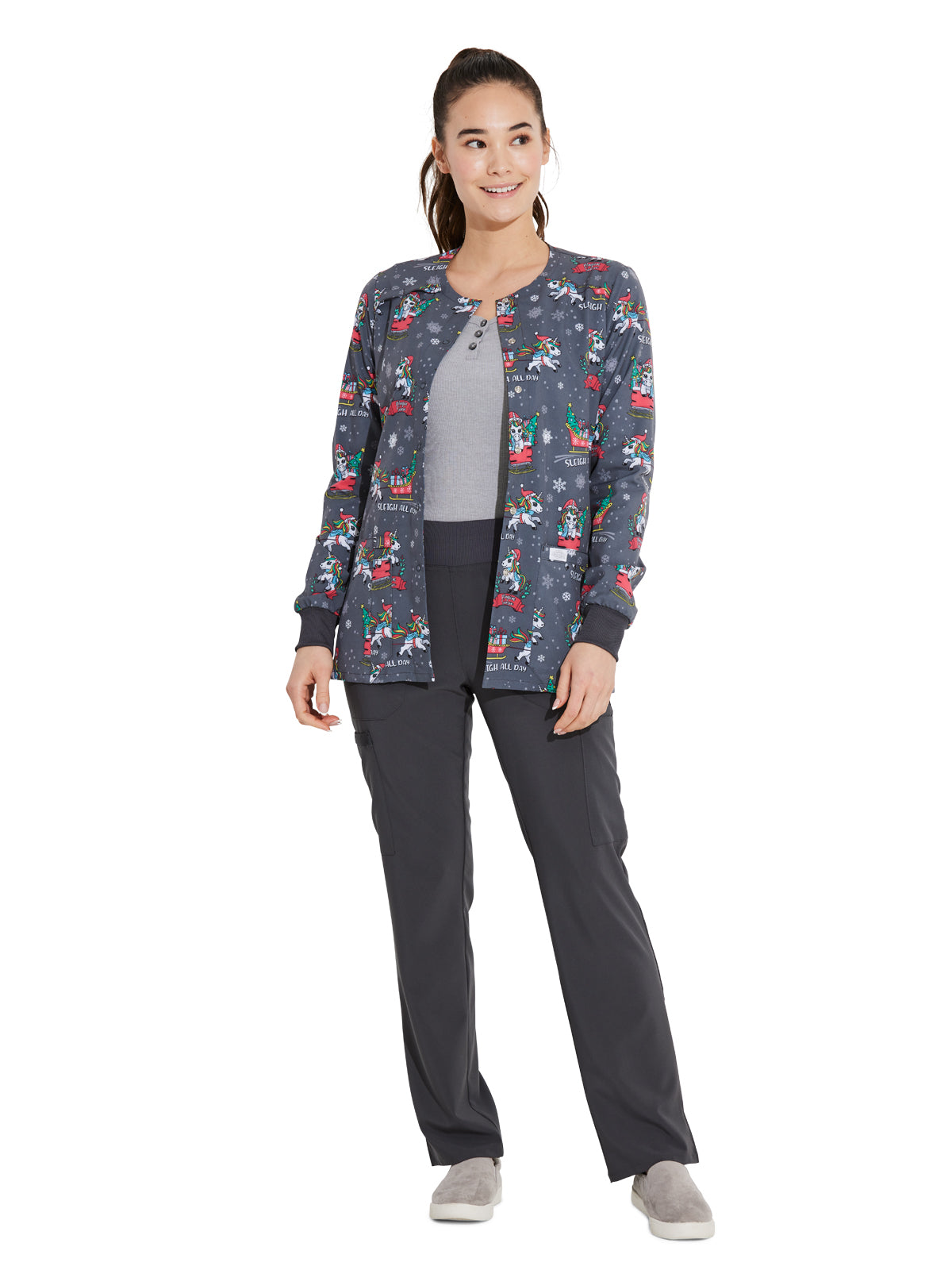 Women's Snap Front Print Scrub Jacket