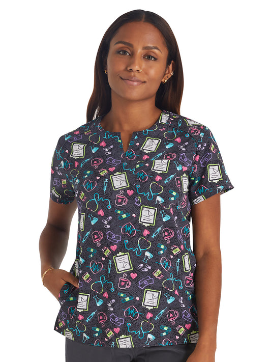 Women's 3-Pocket Round Neck Print Scrub Top