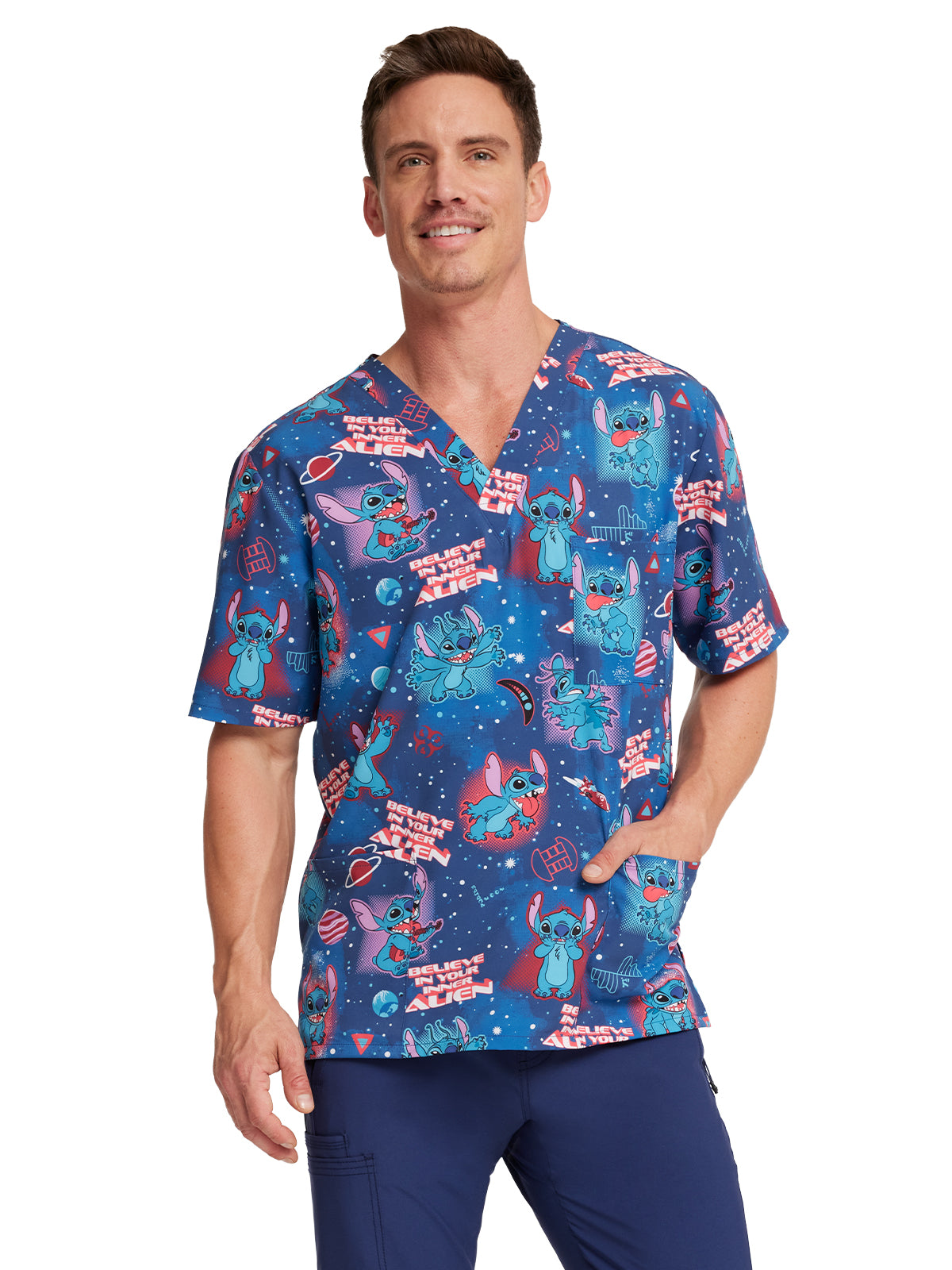 Unisex V-Neck Print Scrub Top