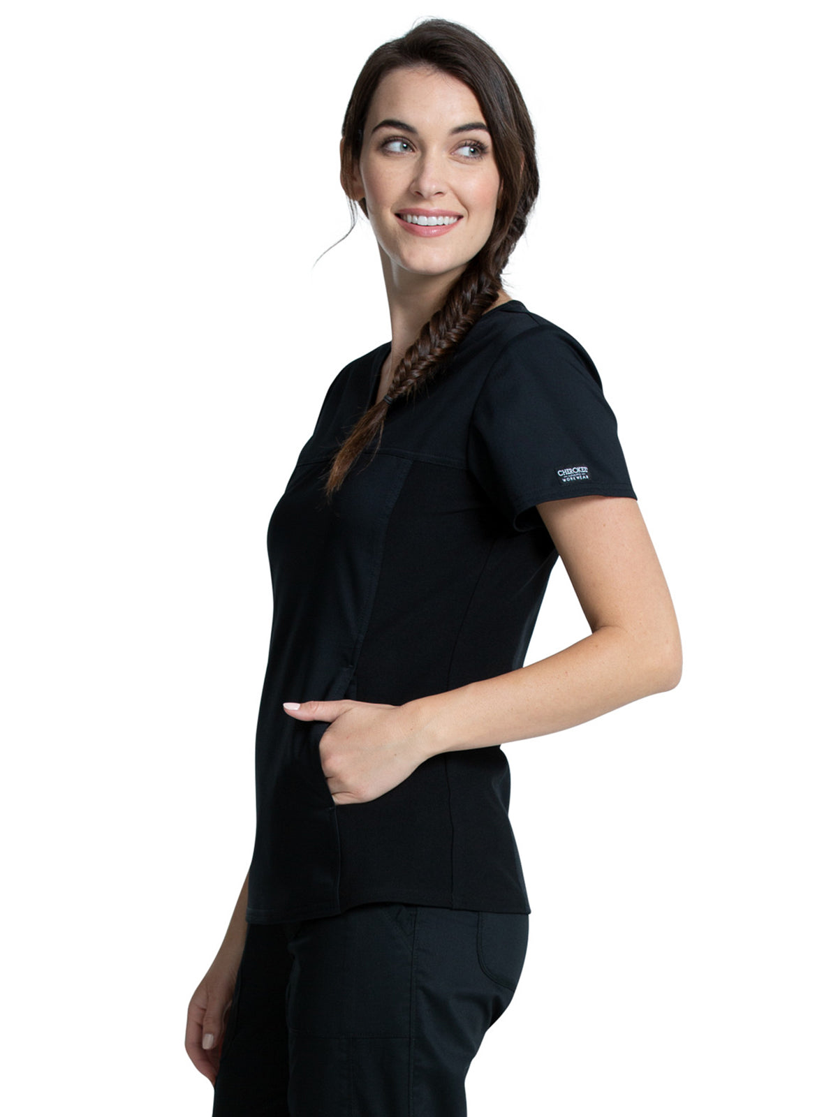 Women's 1-Pocket V-Neck Knit Panel Scrub Top