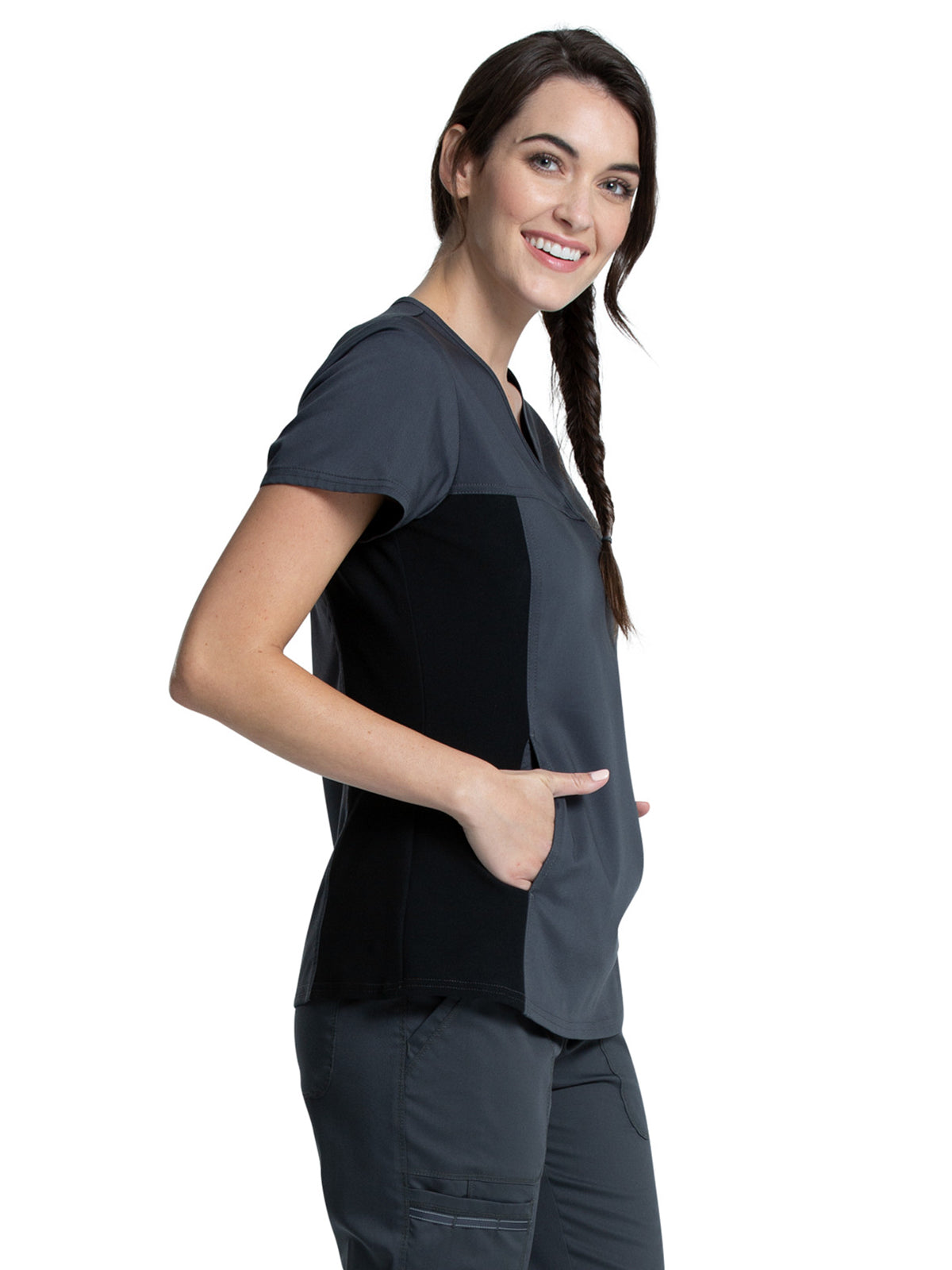 Women's 1-Pocket V-Neck Knit Panel Scrub Top