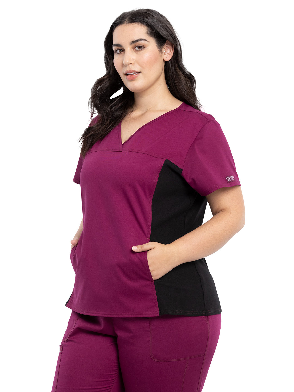 Women's 1-Pocket V-Neck Knit Panel Scrub Top