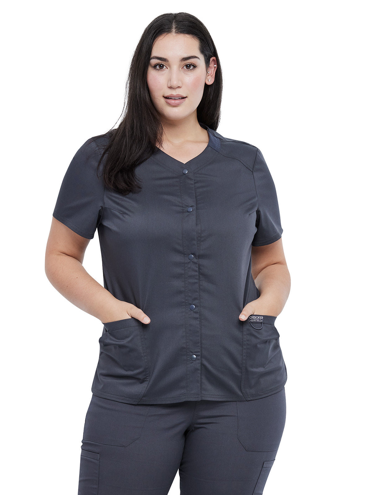 Women's 4-Pocket Snap Front V-Neck Scrub Top