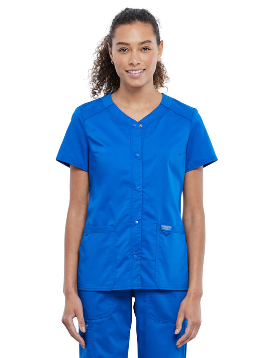 Women's 4-Pocket Snap Front V-Neck Scrub Top