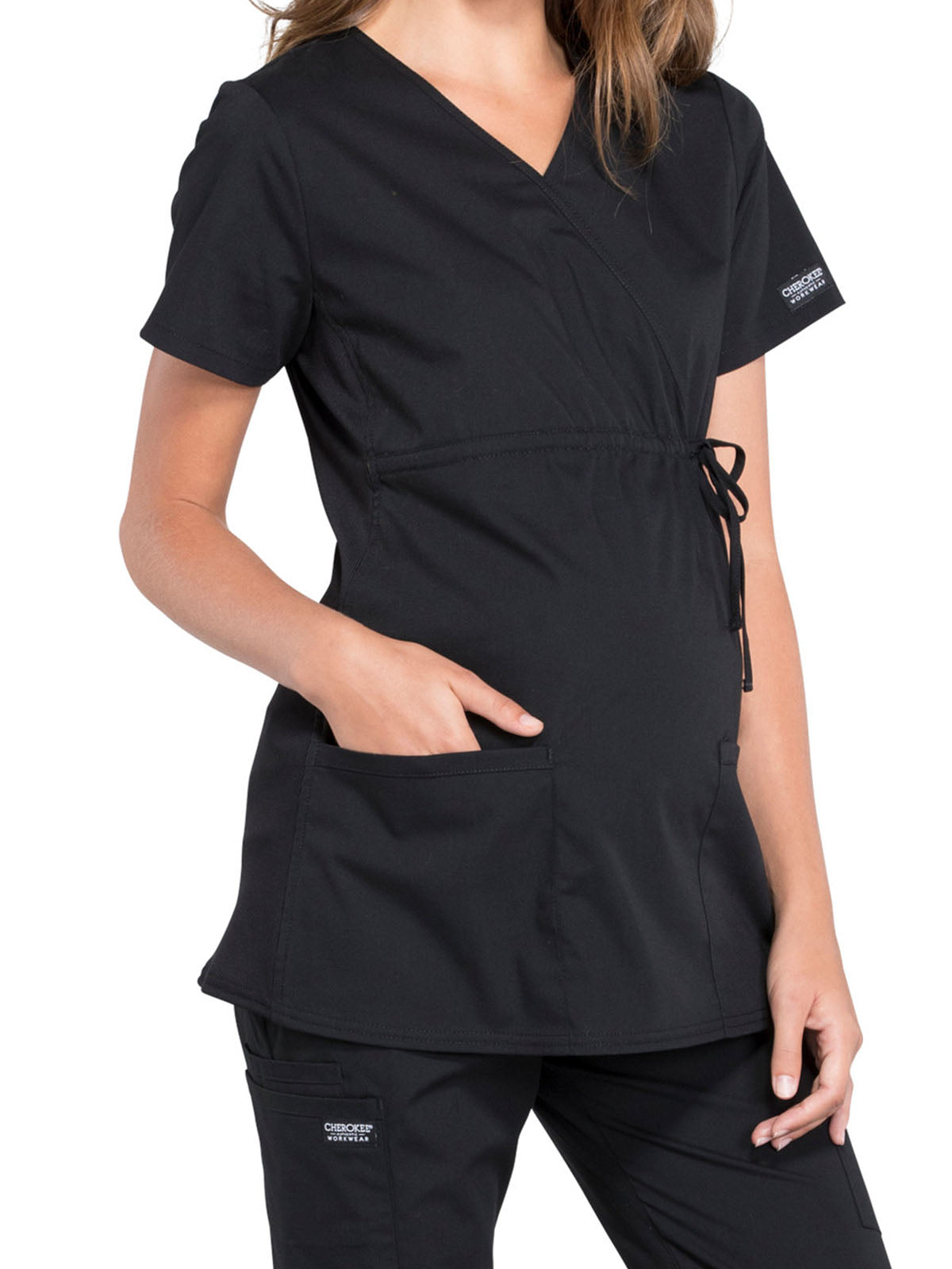 Women's 2-Pocket Maternity Mock Wrap Scrub Top