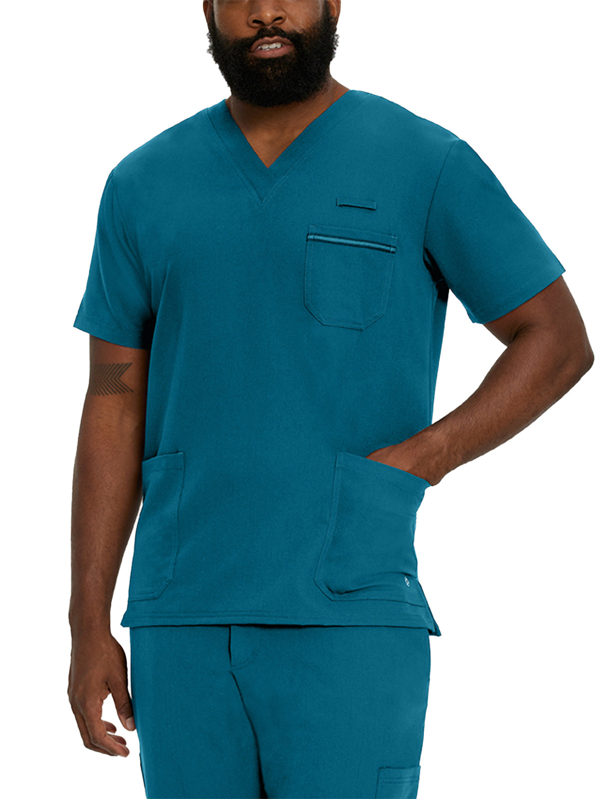 Men's 3-Pocket Stripe Detail Chest Pocket V-Neck Scrub Top