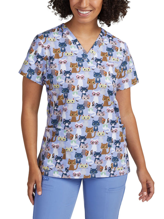 Women's 3-Pocket V-Neck Printed Scrub Top