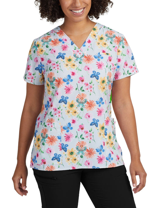 Women's 3-Pocket V-Neck Printed Scrub Top