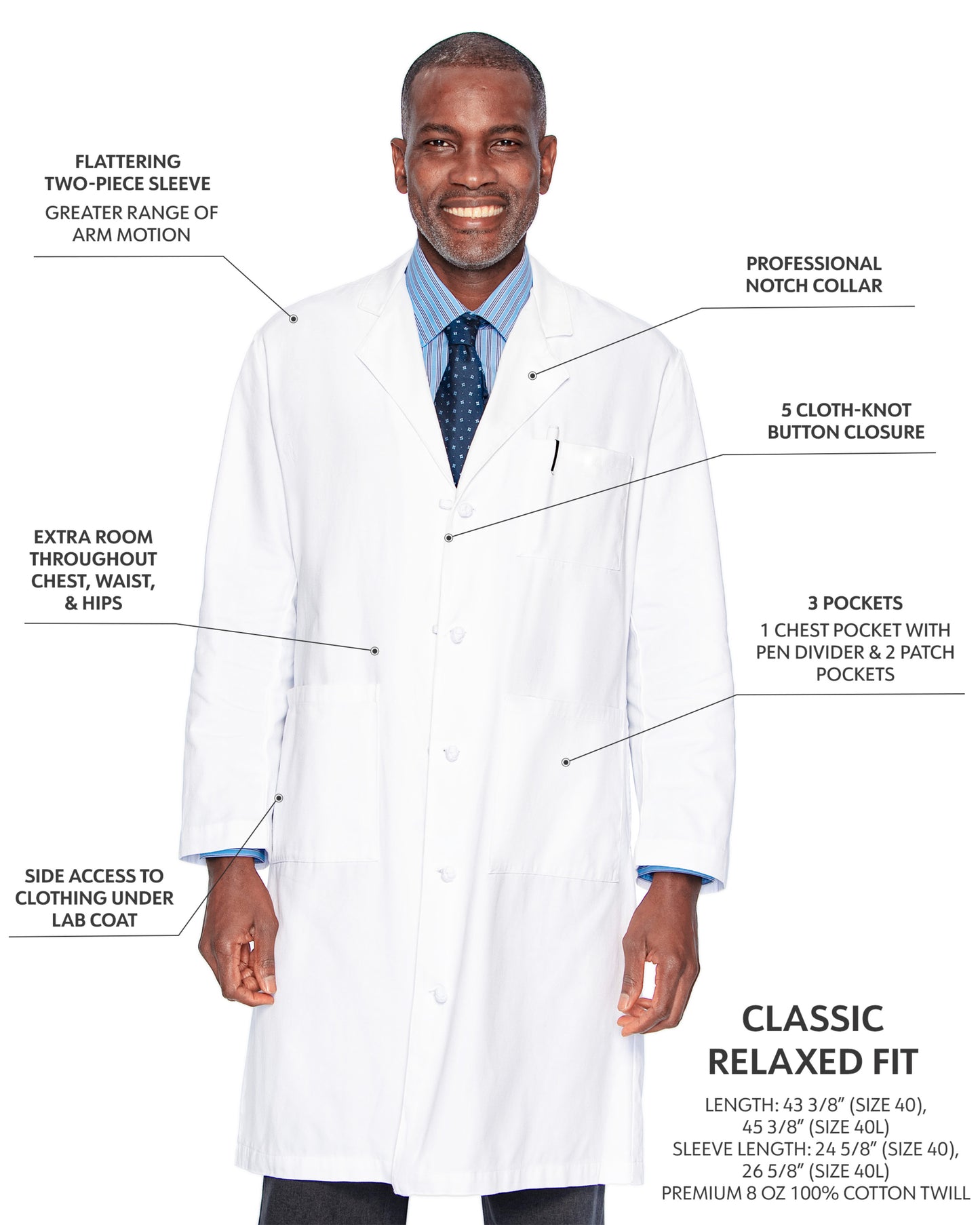 Men's Three-Pocket 100% Cotton 43.5" Full-Length Lab Coat