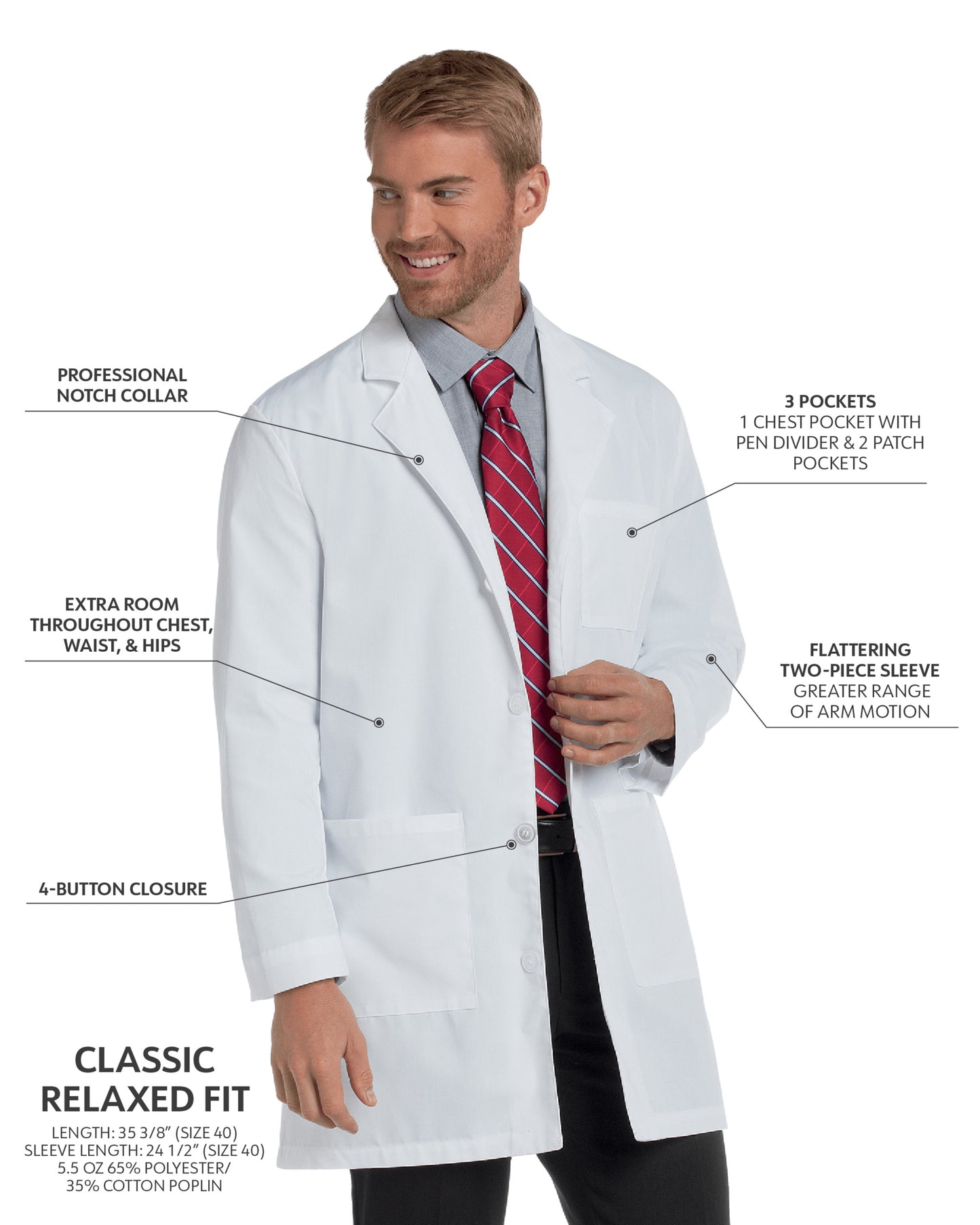 Men's Three-Pocket 35.5" Mid-Length Lab Coat