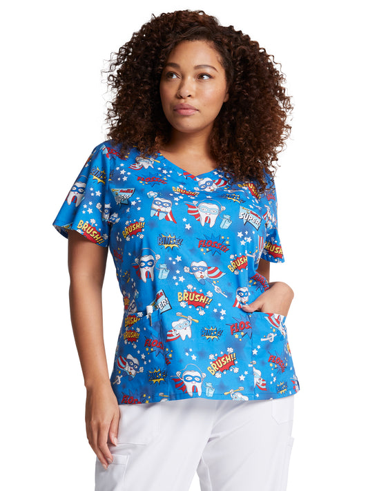 Women's 4-Pocket V-Neck Print Scrub Top